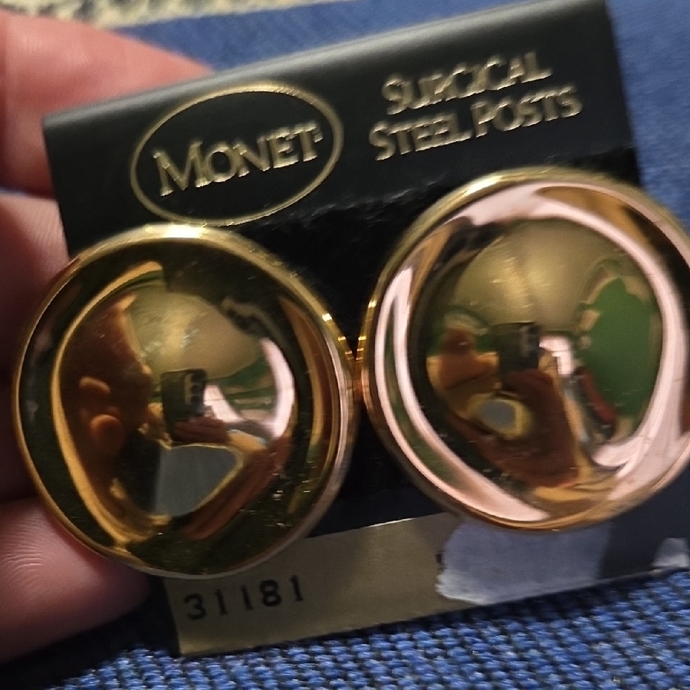 Vintage Monet Gold-Tone Mirror Dome Button Earrings